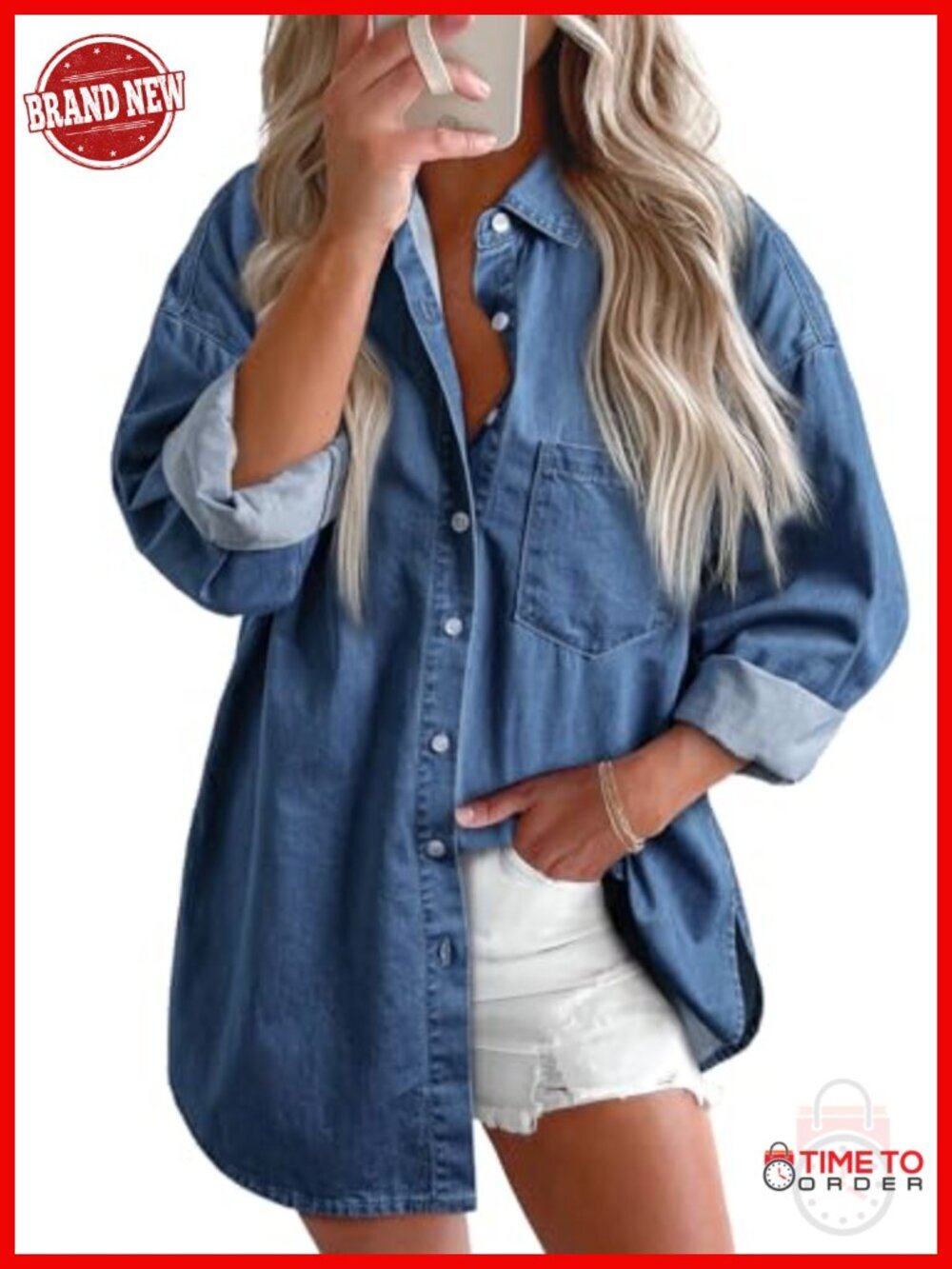 Denim Button Down Shirt - V Neck Long Sleeve Cotton Blouse